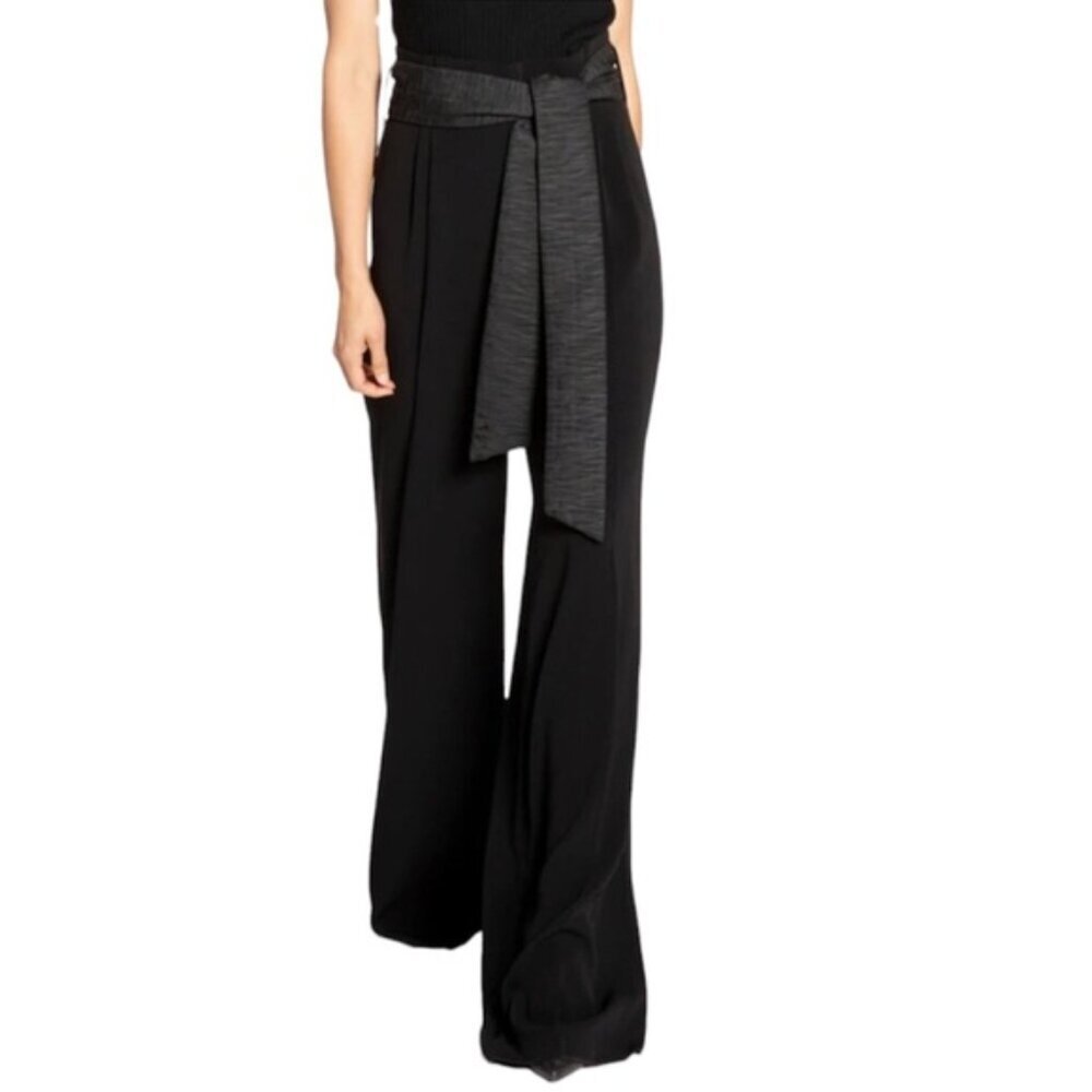 NOUGAT NEW Y2K Silk Belt Wide Leg Pant Black Flare Minimalist Goth Flowy L